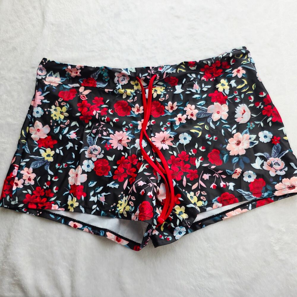 Aqua Eve Swim Shorts XL Black Floral Drawstring Stretch Modest Beachy Vacation